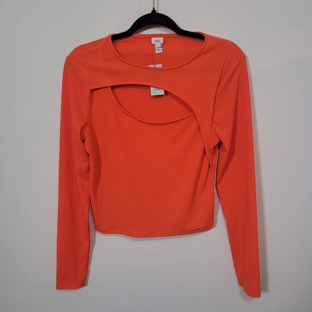 River Island Size 8 Cutout Ribbed Long Sleeve Top Womens Orange 776283